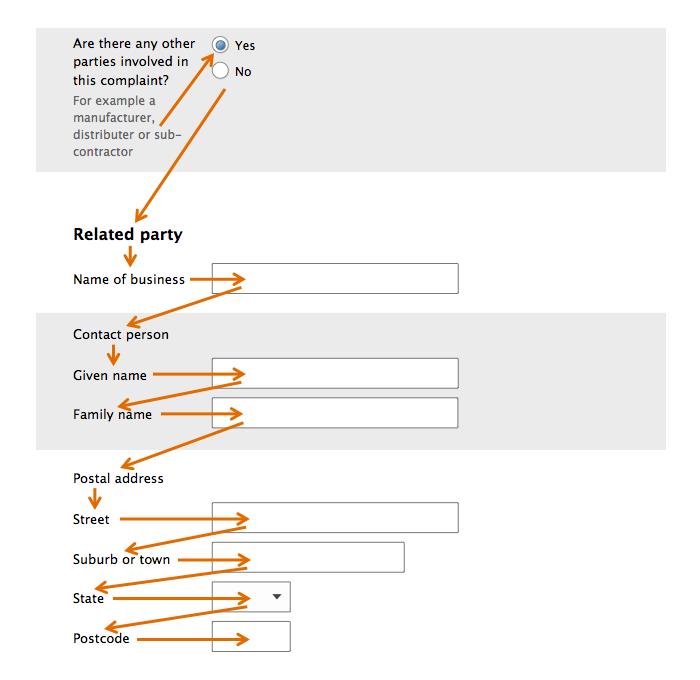 Form design: Example of the tab order set for logical form-filling flow