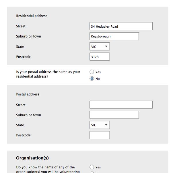 Form design: is your postal address the same as your residential address? If answer no another form field displays for postal address details