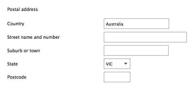 Form design: when country chosen is Australia, and autosuggest is not available.