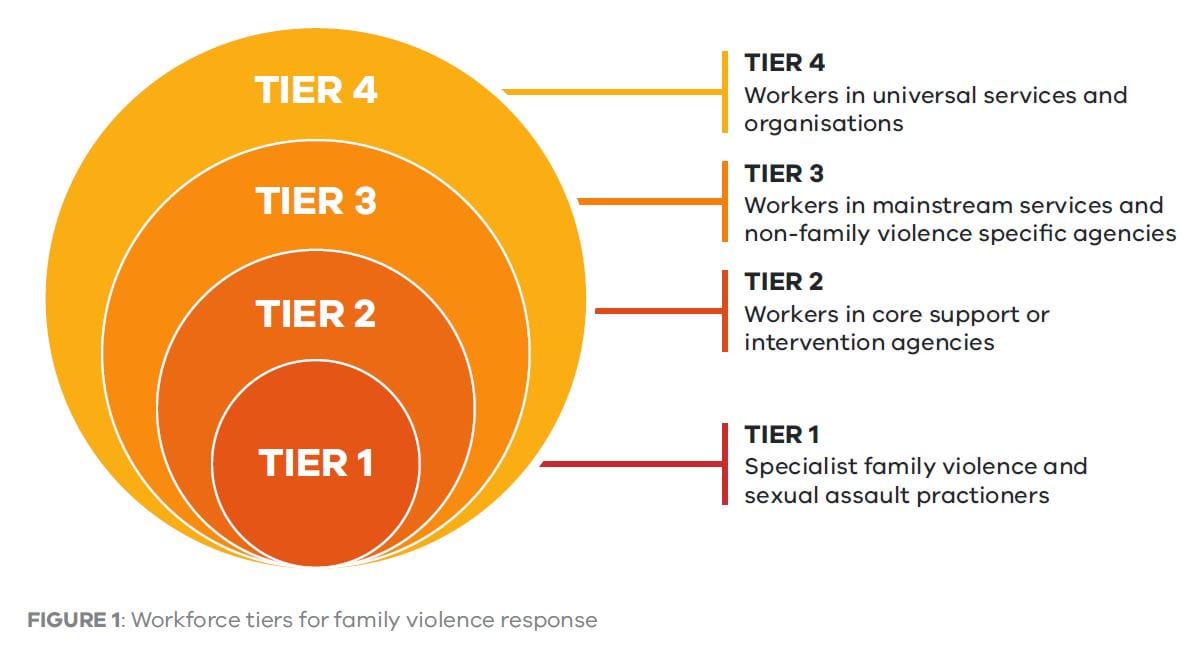 Tier 1: Specialist family violence and sexual assault practioners. Tier 2: Workers in core support or intervention agencies. Tier 3: Workers in mainstream services and non-family violence specific agencies. Tier 4: Workers in universal services and organisations