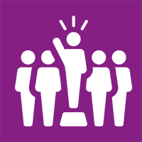 Plain white graphic icons representing people in a group of 5, with one person in the centre standing on a raised platform with sound lines that indicate a voice - set on purple background