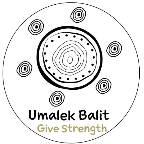 Logo of the Aboriginal family violence support program, Umalek Balit. Large concentric circle in the center, with six smaller concentric circles around it. 