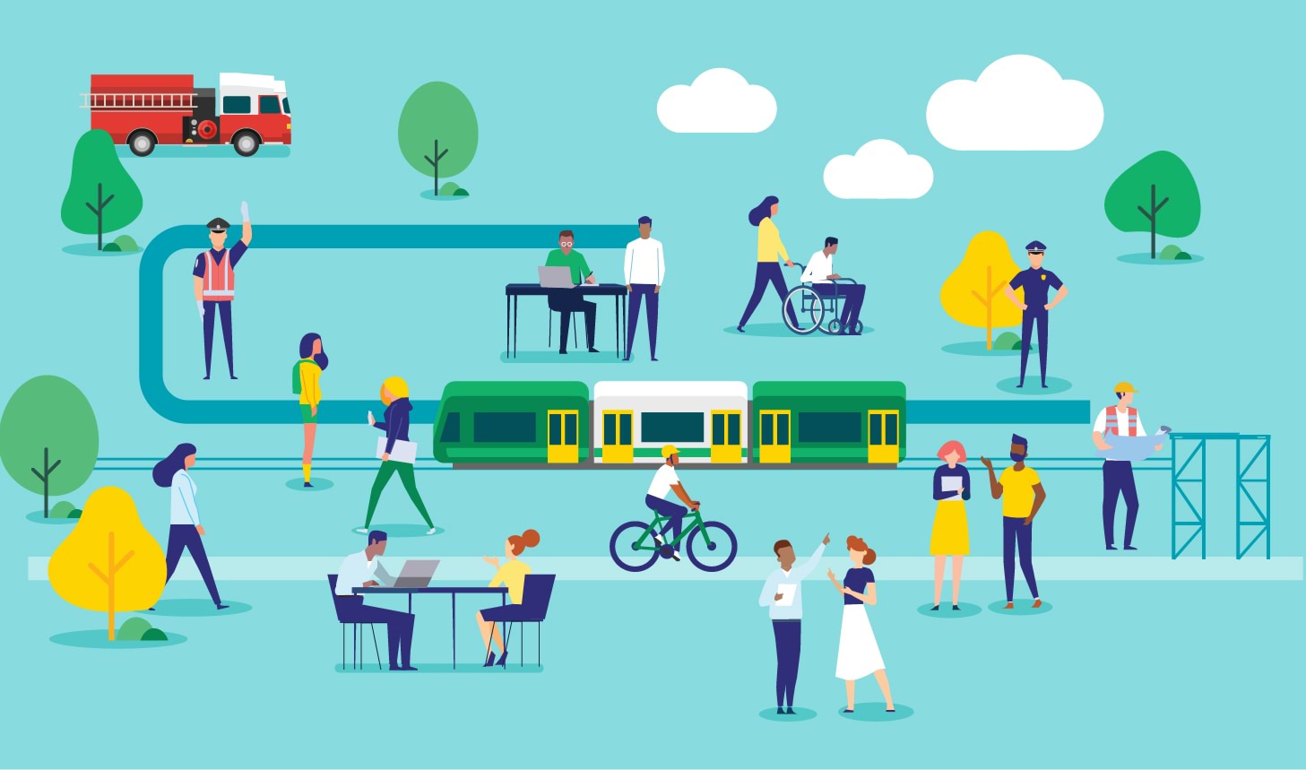 A modern, stylised illustration depicting a range of people going about daily tasks. There is a recogniseable Melbourne tram in the centre of the illustration.