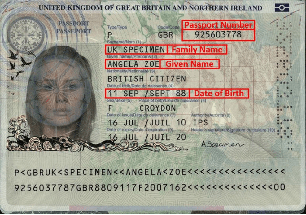 Image shows a United Kingdom passport with red boxes highlighting passport number, Family Name, given name and date of birth.