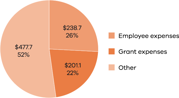 Pie graph: Employee expenses $238.7 million (26%); Grant expenses $201.1 million (22%); Other $477.7 million (52%)