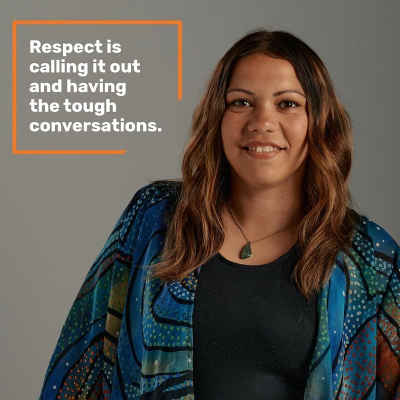 A photo of VSAC member, Chantelle with a quote in white text which reads “Respect is calling it out and having the tough conversations.