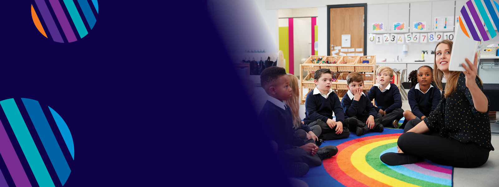 A teacher leads a group of school children in a read along activity