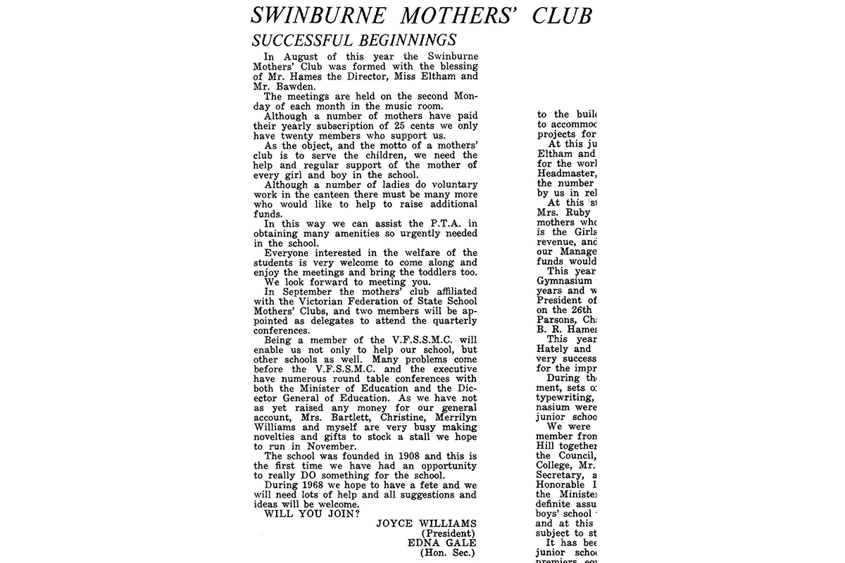 Swinburne Junior Girls and Boys school magazine mothers club article 1967 