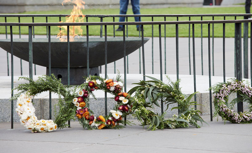 Shrine of remembrance flame and wreaths