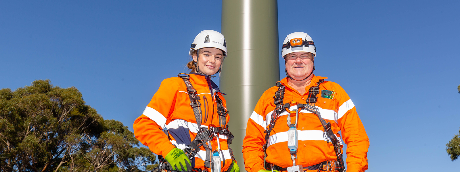 Ebony O’Doherty-Bowman, electrical apprentice with Powercor Australia and trainer Ray Borowiak at Australia’s first wind turbine training tower at Ballarat’s Federation University, where wind turbine technicians can train instead of using fly-in-fly-out workers.