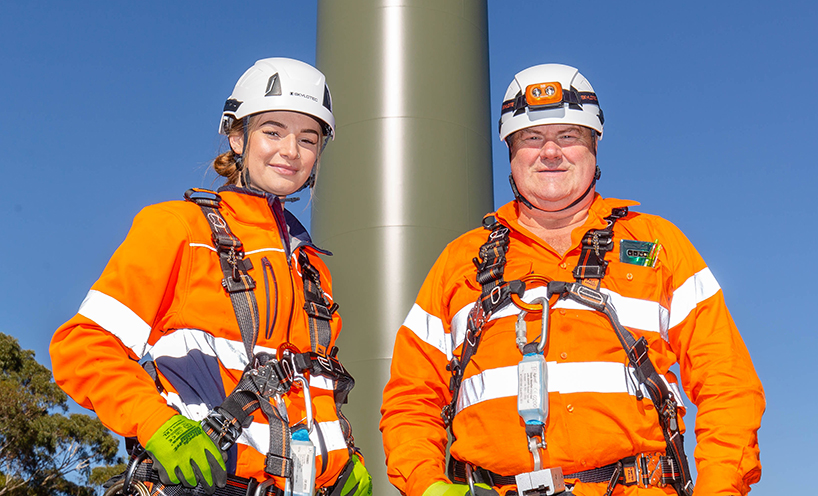 Ebony O’Doherty-Bowman, electrical apprentice with Powercor Australia and trainer Ray Borowiak at Australia’s first wind turbine training tower at Ballarat’s Federation University, where wind turbine technicians can train instead of using fly-in-fly-out workers.