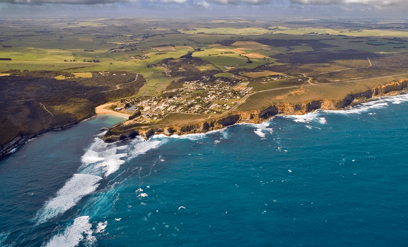 Aerial shot of Barwon South West coast showing the sea and landscape