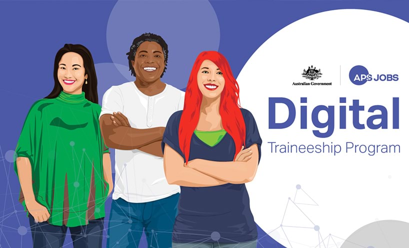 Three people promoting the Australian Government Digital Traineeship Program