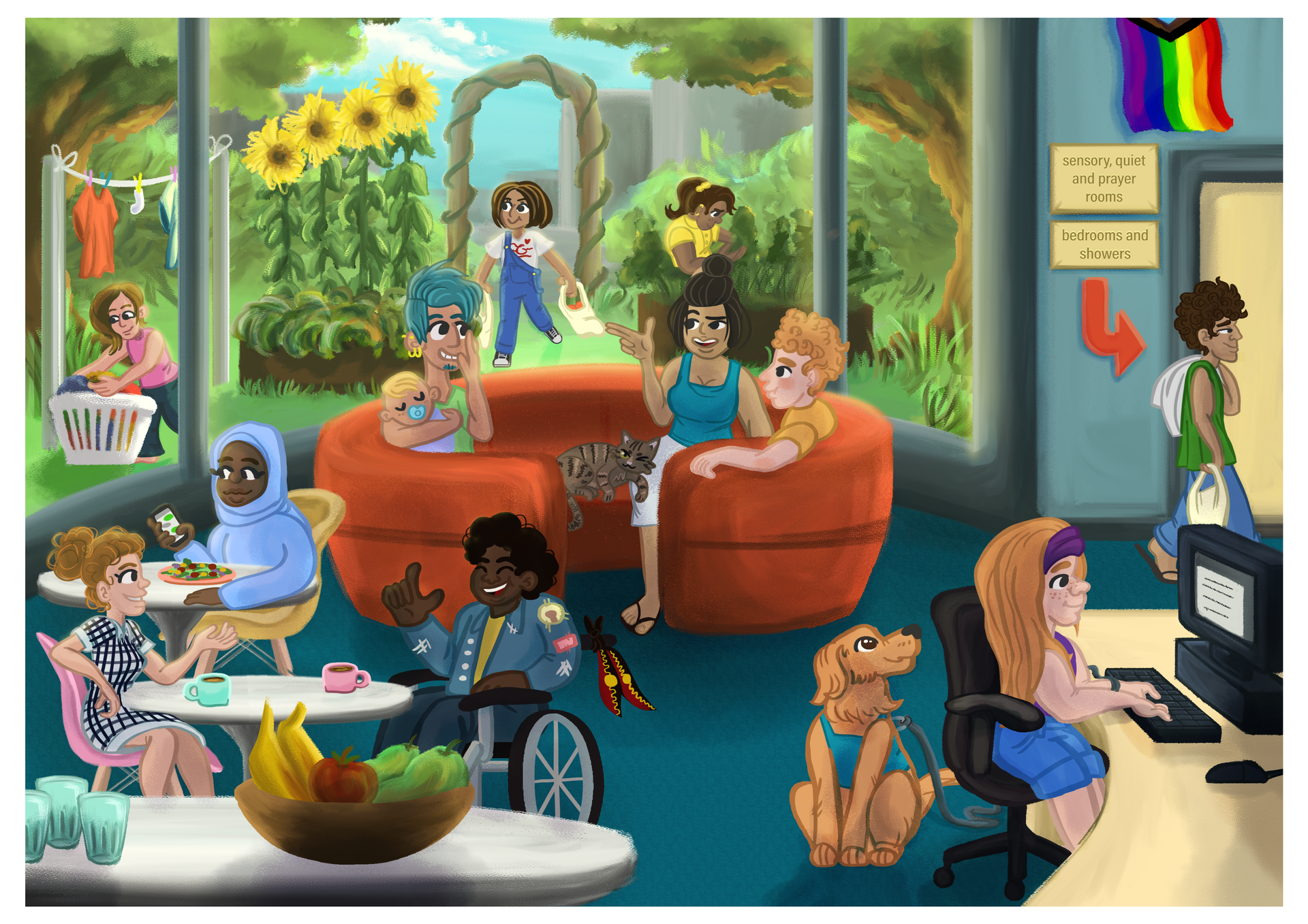 Colourful illustration of diverse young people hanging out in a youth-friendly hub. Young people are doing things like: working on a computer with a support dog next to them; sitting at tables and couches drinking coffee/tea and talking; hanging their washing outside where there is a communal clothesline and garden with big, bright yellow sunflowers; and one young person is walking towards communal showers. This image depicts Y-Change’s vision for Youth-Friendly Hubs across Victoria, which are co-designed w