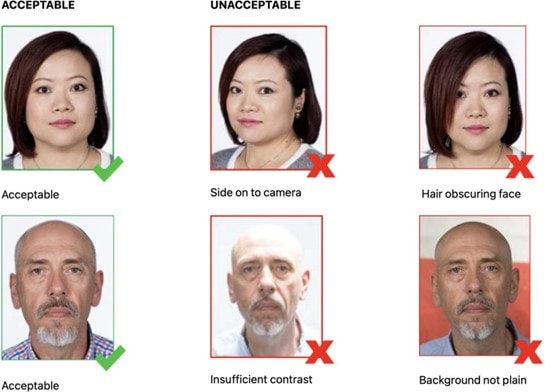 examples of acceptable photos are face on with the head the correct size. Unacceptable examples are hair obscuring face, side on to camera, insufficient contrast and background not plain.