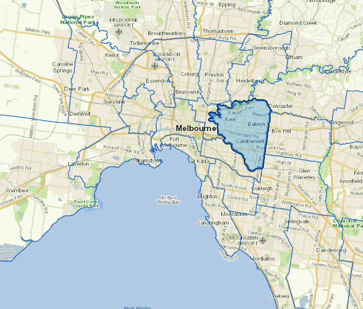 Static map image of Boroondara City Council boundaries