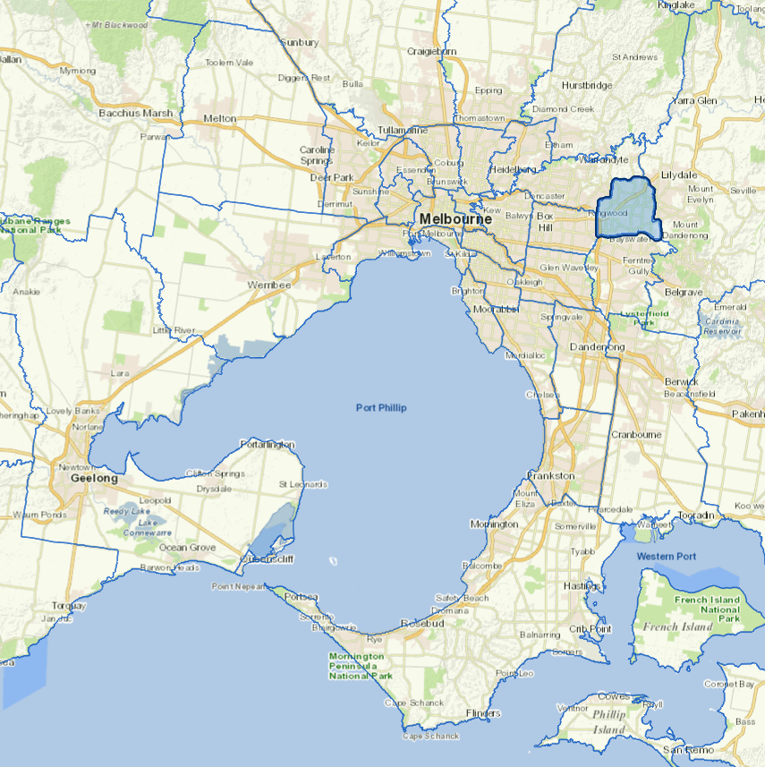 Static map image of Maroondah City Council boundaries