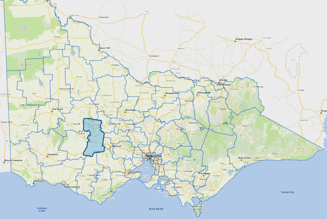 Static map image of Pyrenees Shire Council boundaries