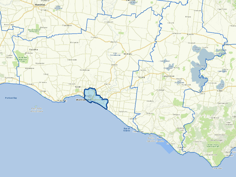 Static map image of Warrnambool City Council map boundaries