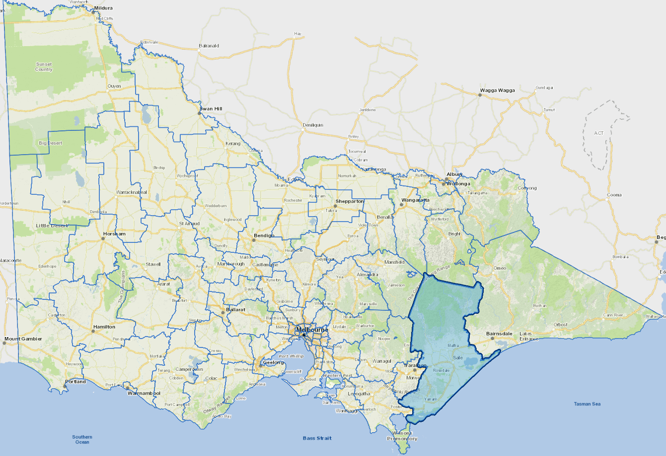 Static map image of Wellington Shire Council boundaries