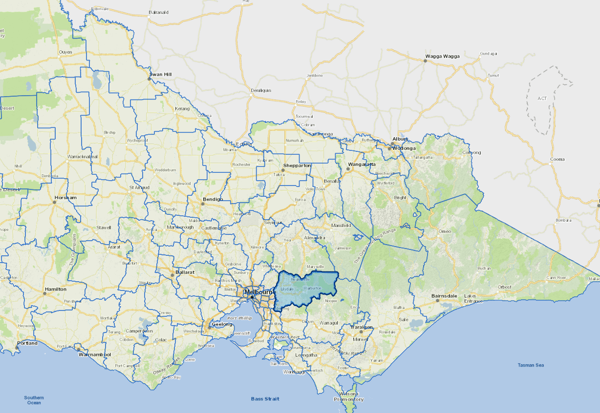 Static map image of Yarra Ranges Shire Council boundaries