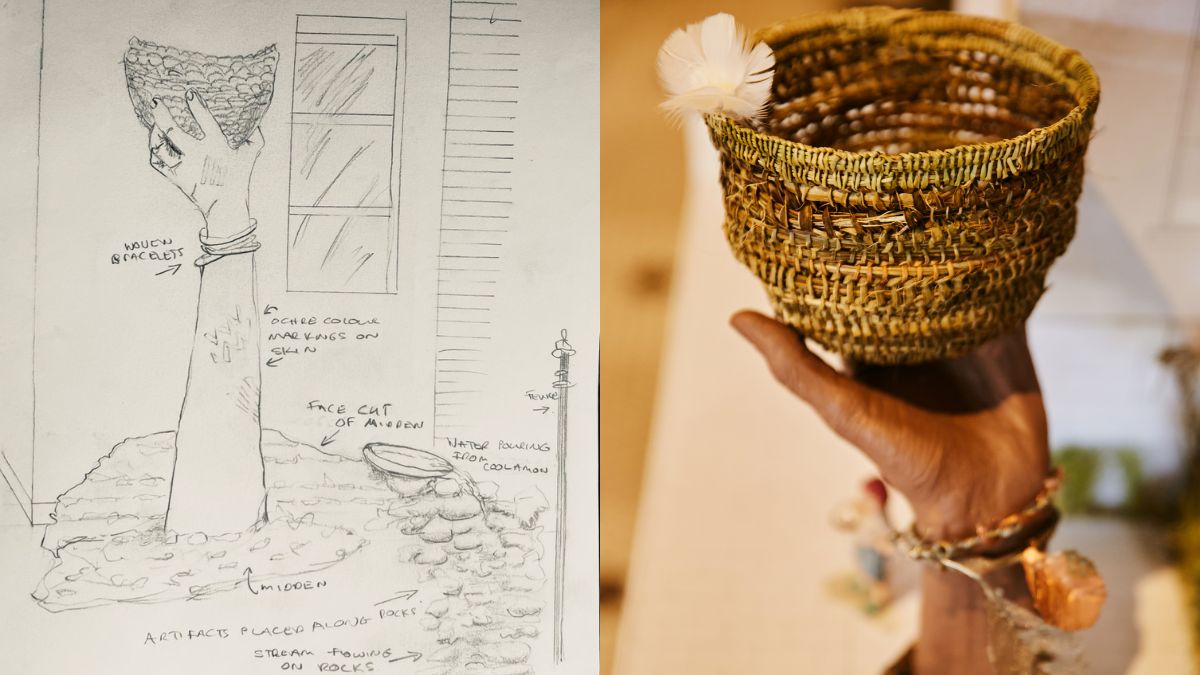 Two images. Left image is a sketch of the scuplture with the different components - hand, forearm, bracelets, ochre marking, basket - marked out. Right image is a painted model of how the sculpture is planned to look when finished.