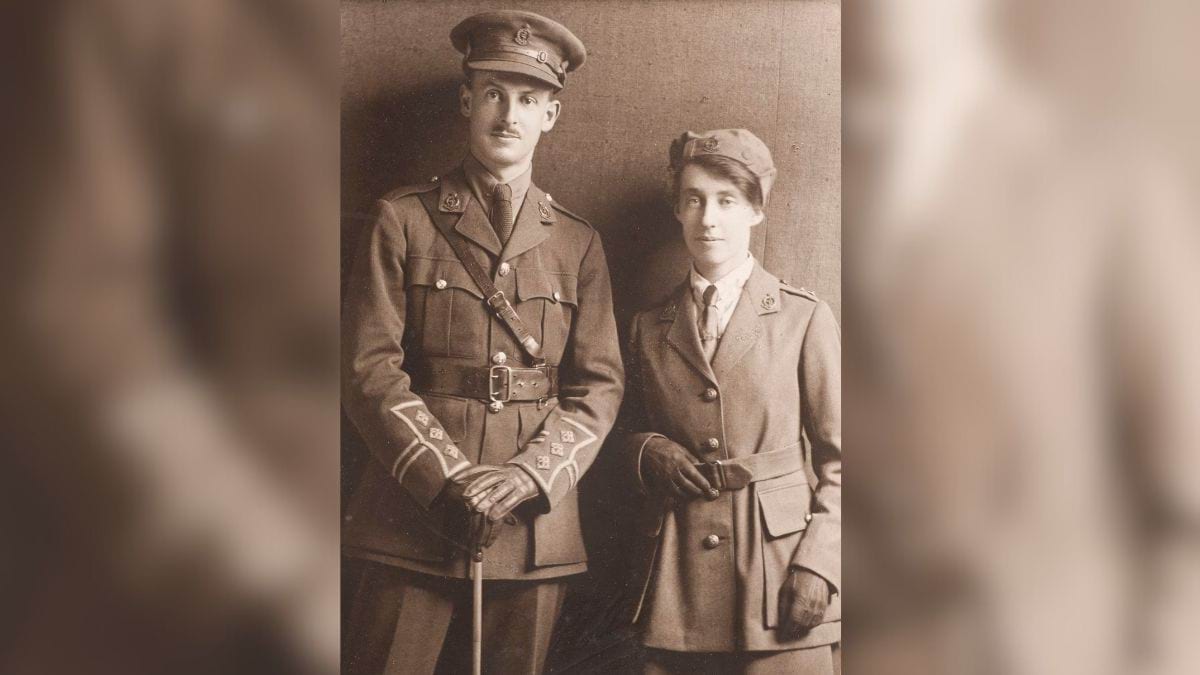 Photograph of Lieutenant (Dr) Vera Scantlebury (1889-1946) and her brother Captain (Dr) George Clifford Scantlebury (1890-1976) dressed in WWI military uniforms.