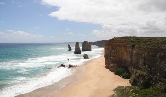 A photo of The 12 Apostles, limestone rock formations on Victoria's coast.