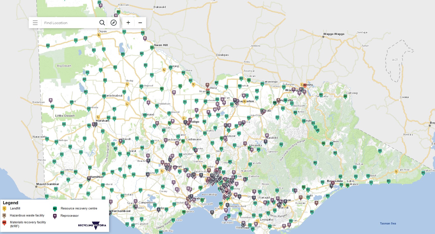 A map of the locations of Victoria's waste and resource recovery infrastructure facilities