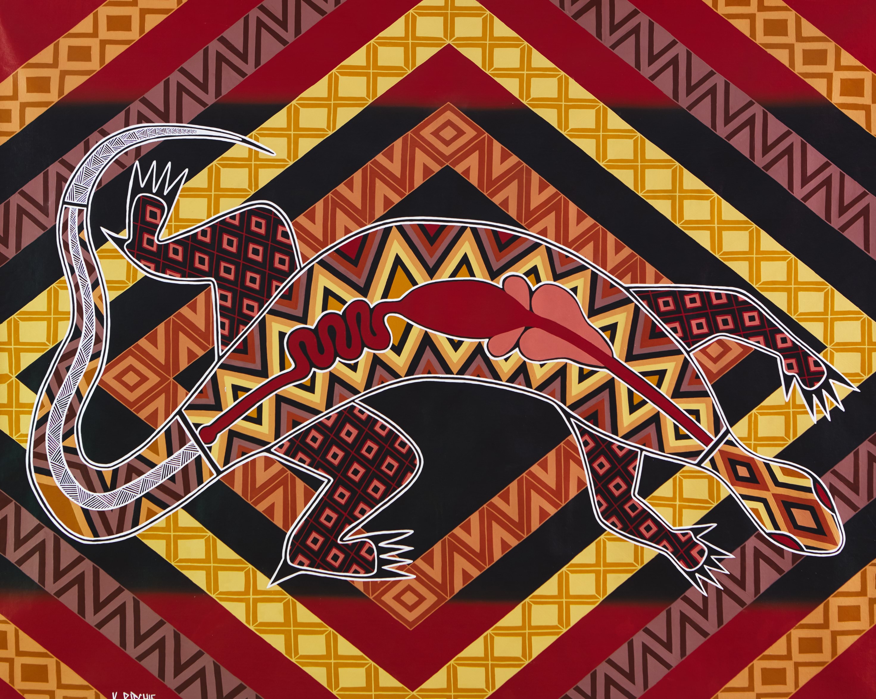 Original artwork - Gunai/Kurnai Bataluk, 2019. Acrylic on canvas by Keith (Gunaikurnai/Monero people). Image shows a Monitor painted as diamond-shaped line work, which is characteristic of south eastern Aboriginal designs 