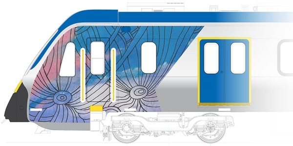 A blue and white train with artwork of two circular focal points in the bottom third with lines emanating over a background of pink, blue and grey texture