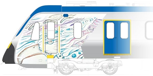 A blue and white train with artwork of and eagle head in bottom left blending into a texture of pastel colours and indigenous elements