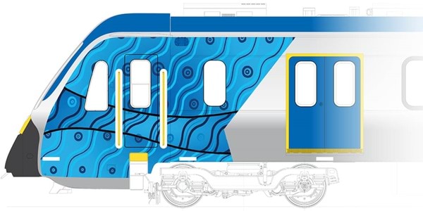 A blue and white train with artwork of parallel wavy lines stretching from bottom-left to top-right dotted with circular graphics and light to dark blue gradient