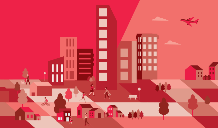 Decorative illustration showing housing and tall buildings. Red theme. 