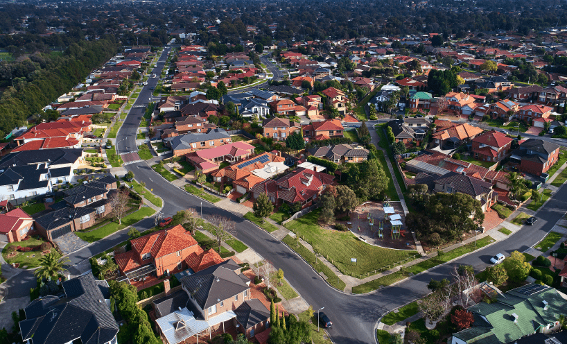 Aerial view of suburban housing