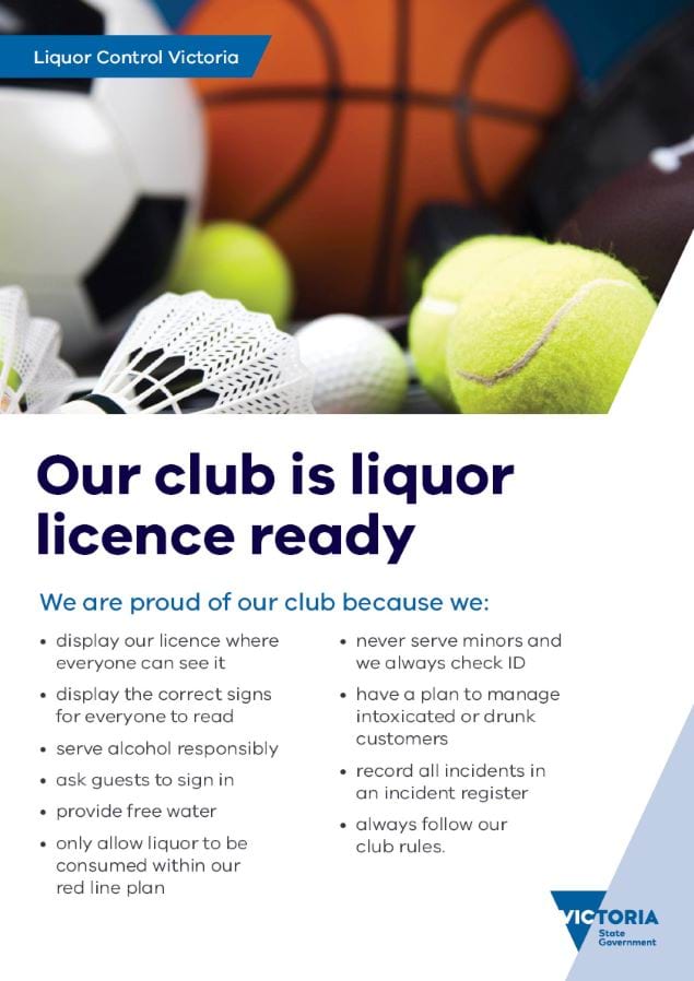 Poster with close up image of sports balls and the title Our club is liquor licence ready