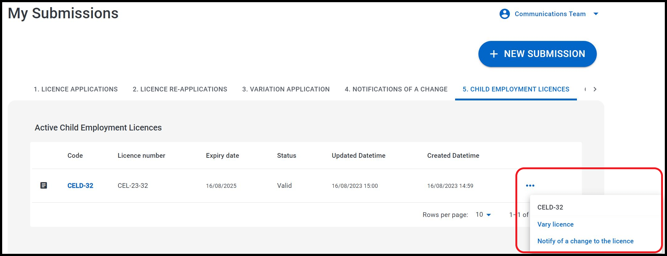 Select the three dots next to the relevant licence number