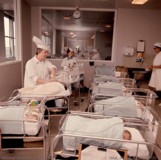 Nurses caring for babies in the nursery  at Royal Women's Hospital, Melbourne