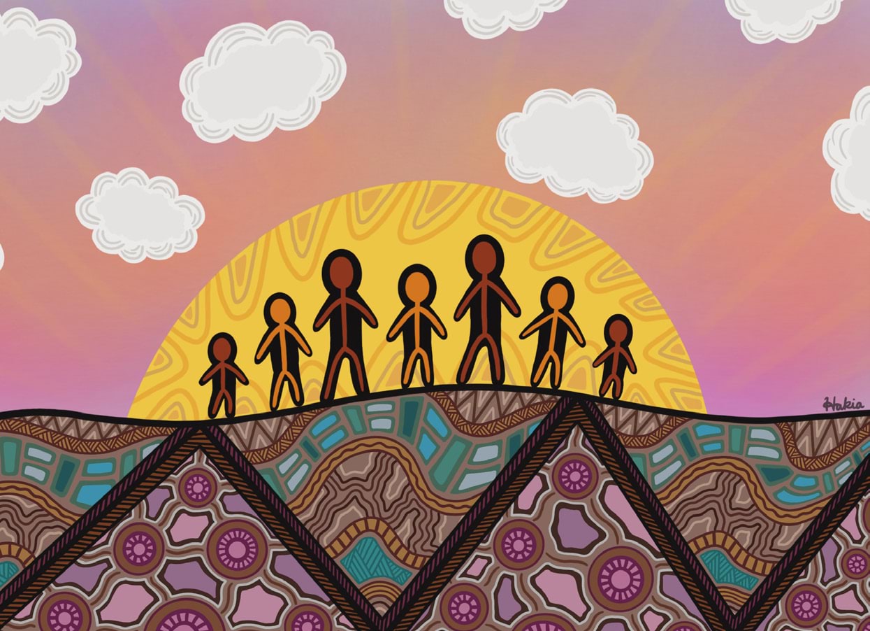 A painting of 2 adults and 5 children standing together in front of a setting sun, with a pink sky and clouds above them, and land below them. The land is divided into large triangles, some with a pattern of wavy blue and brown shapes, and some with pink and purple concentric circles and organic shapes between then.