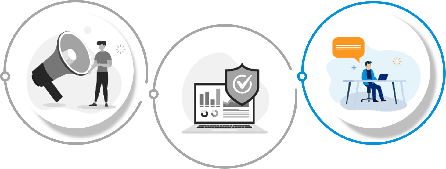 Three circles, with rings interconnecting them and icons inside representing 'Protect, Promote, Respond'. Respond is emphasised with colour, while the other two are greyed out.