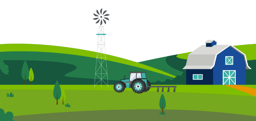 Illustration of farm with tractor, windmill and barn, rolling hills in background