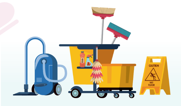 Illustration of cleaning trolly, vacuum cleaner and portable sign with 'caution wet floor'