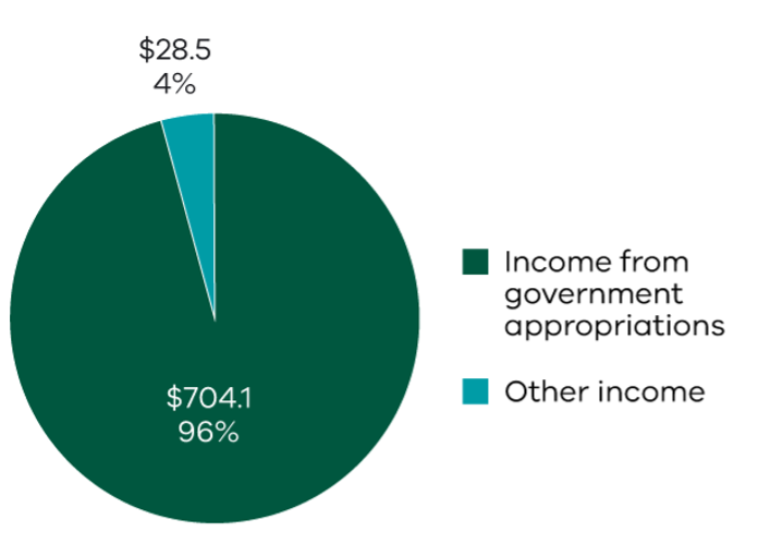 A pie chart in two segments showing the source of income in millions of dollars. One segment of the pie chart is the income from government appropriations and makes up 96% ($704.1 million). The other segment is other income and makes up 4 % ($28.5 million).