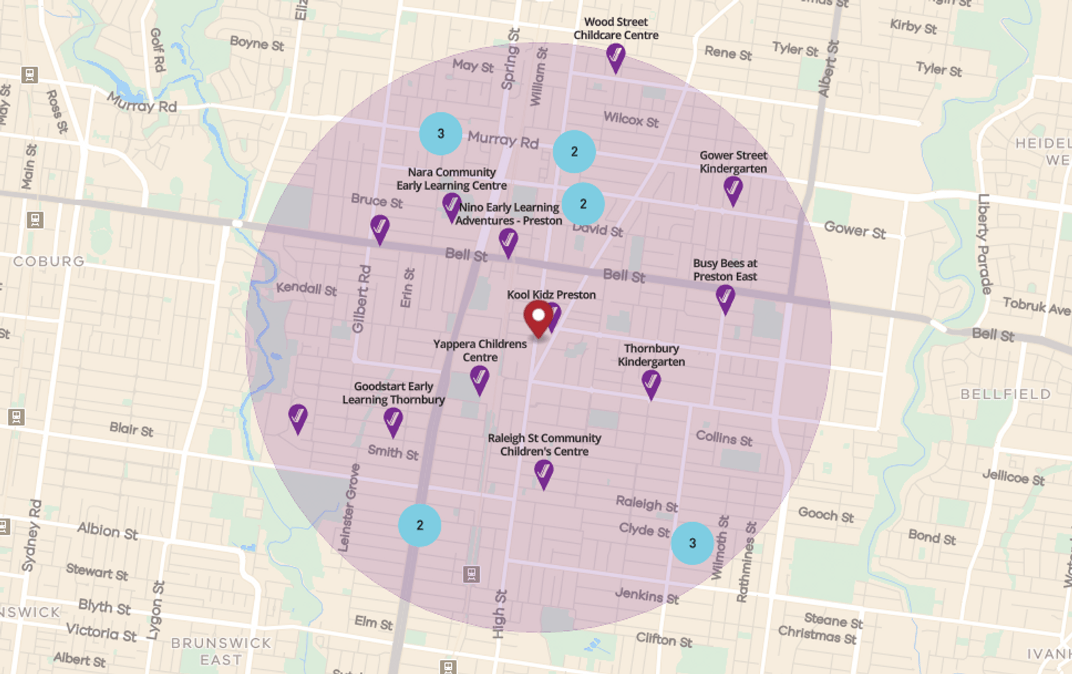 Yellow, pink and green map of with purple icons to indicate the Kinder Tick