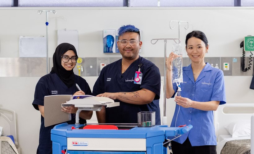 Three nursing students during a class at Holmesglen TAFE