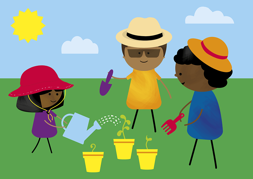 Illustration of child and two adults outside. Child is wearing a hat and watering the Kinder Kit seeds in pots.