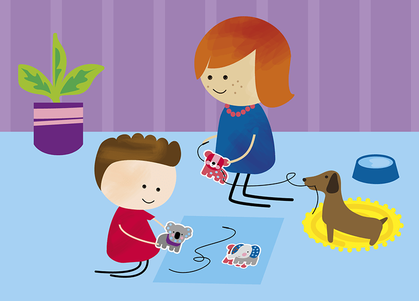 Illustration of child, adult and dog sitting on the floor inside. The adult and the child are using the Threading Animals activity from the Kinder Kit. 