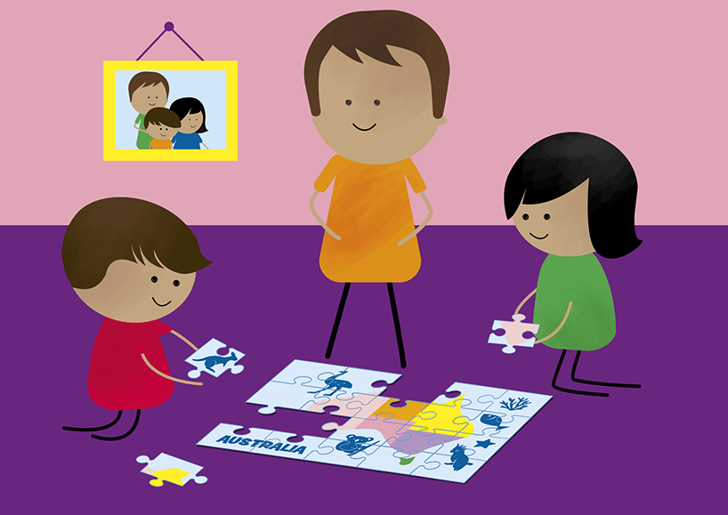 Illustration of a family of two adults and one child sitting on the floor inside. The Australia map puzzle is partially complete. They are working on the puzzle together. One adult and the child are both holding a piece of the puzzle.