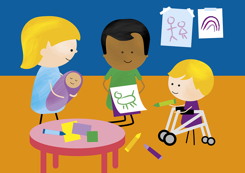 Illustration of a family using the Kinder Kit Activity Pad. One parent is standing holding a newborn baby watching the second parent holding the activity pad while a child using a walking frame draws a dog on the pad with a green crayon.