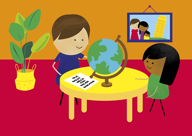 Illustration of an adult male and child standing at a round table looking at a world globe. There is a piece of paper on the table with “hello” written in different languages.